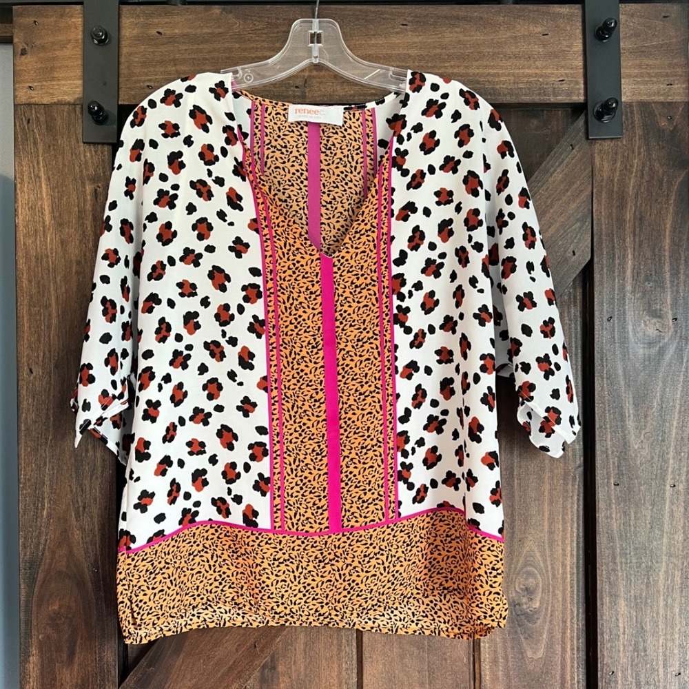Renee C Womens Mixed Animal Print Kimono Sleeve Blouse Pink Orange Size Medium - Picture 10 of 10